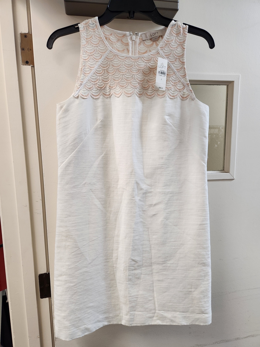 LOFT Cream Sleeveless Midi Dress with Scallop Lace Yoke